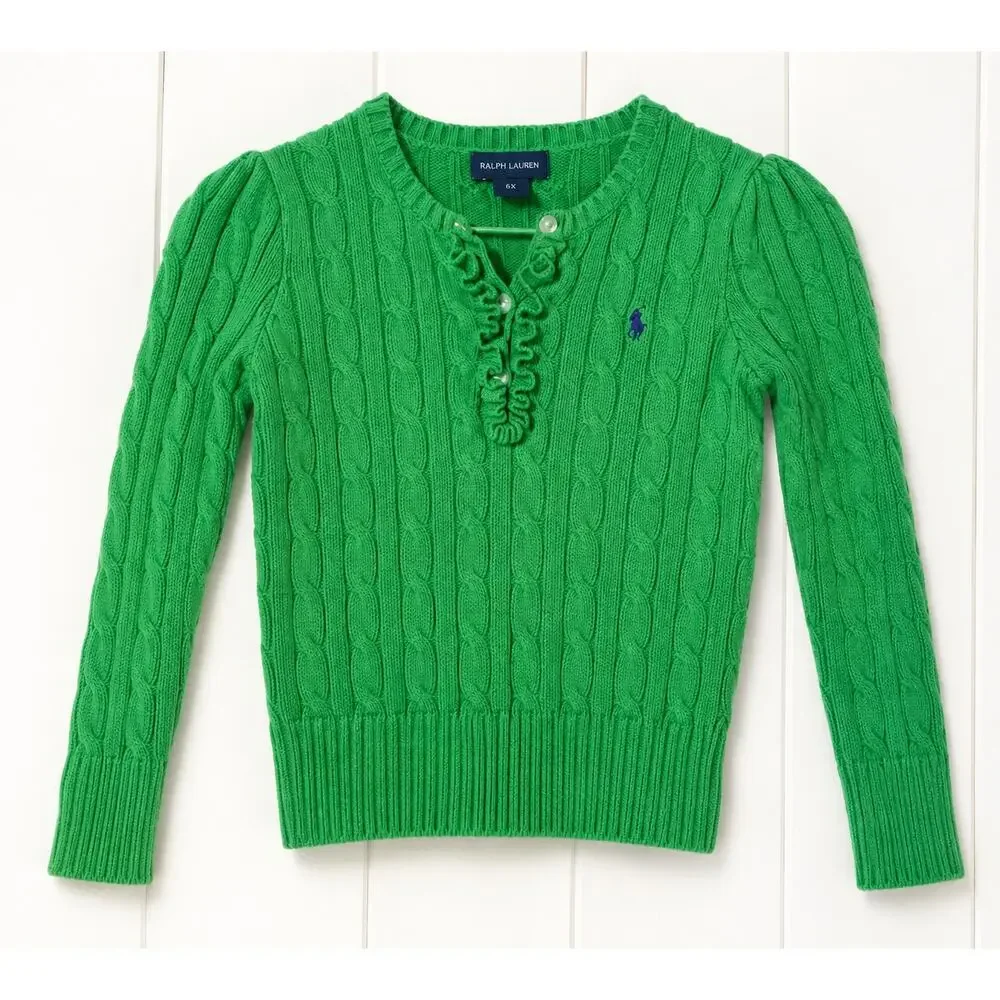 Ralph Lauren Girls 6X Cable Knit Lace Up Sweater Green Cotton Long Sleeve